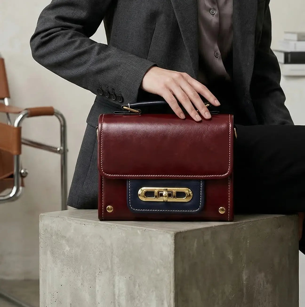 Vegan Leather Crossbody Bag – Handmade Burgundy Small Structured Purse with Gold Hardware by navichi