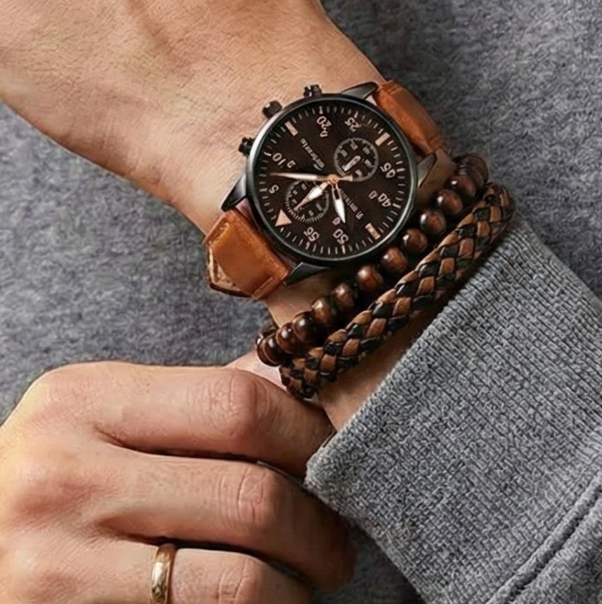 Men Leather Watch - Luxury Quartz Wristwatch With Brown Leather Band & Bracelet Set