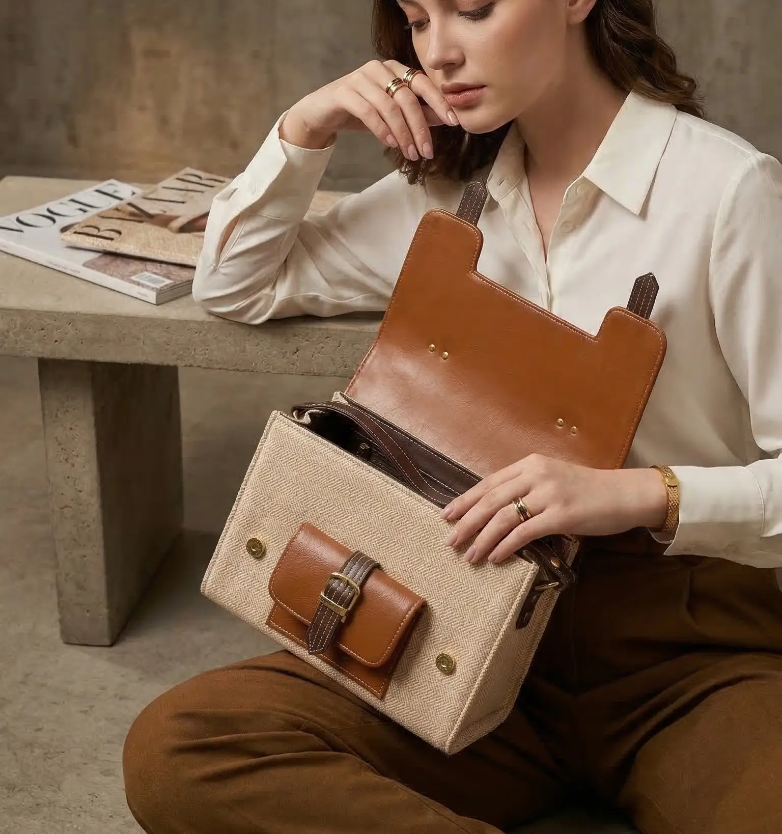 Vegan Leather Satchel – Handmade Camel Brown Handbag With Adjustable Strap by navichi