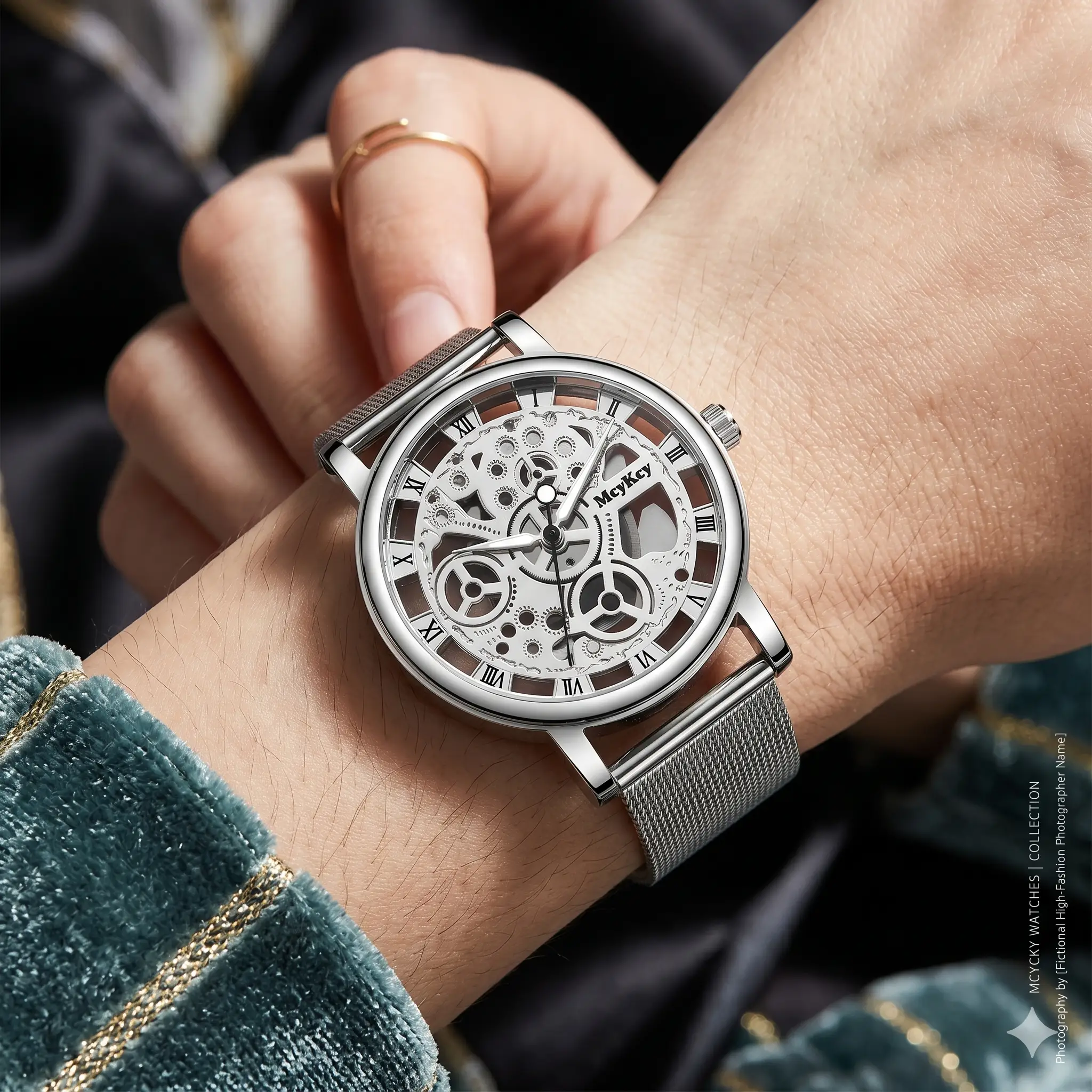 Skeleton Watch With Metal Mesh Band Exclusive Collection Faux Mechanical Quartz by Adornity