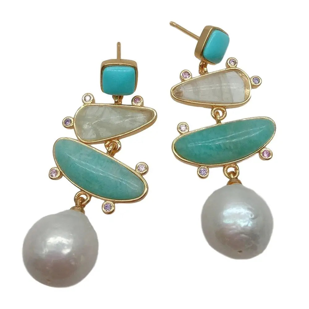 Natural Turquoise Amazonite Prehnite Freshwater Pearl Drop Earrings