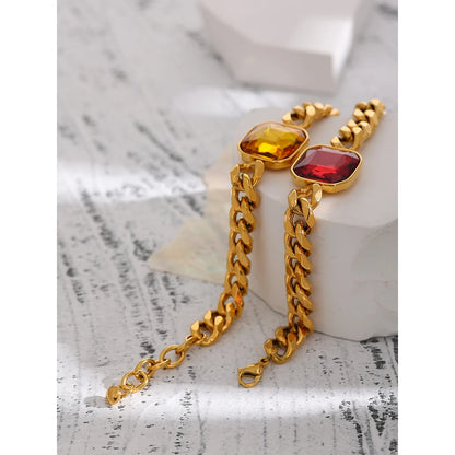 18 K Gold Plated Stainless Steel Red Cubic Zirconia Chain Bangle Bracelet