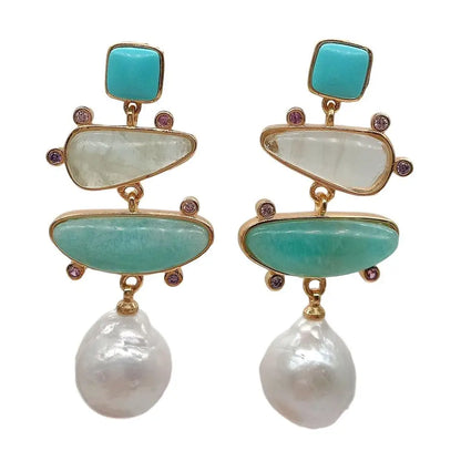 Natural Turquoise Amazonite Prehnite Freshwater Pearl Drop Earrings