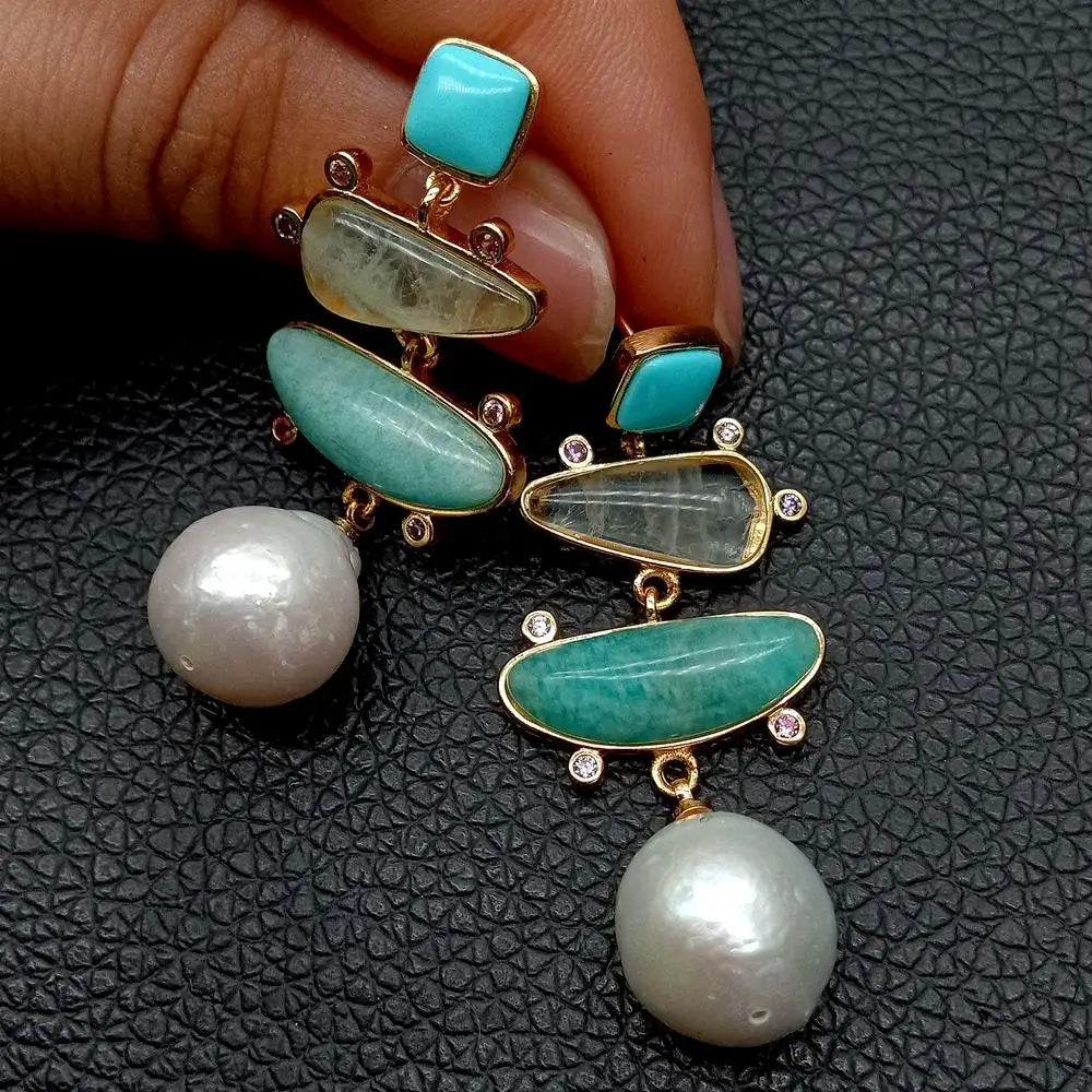 Natural Turquoise Amazonite Prehnite Freshwater Pearl Drop Earrings