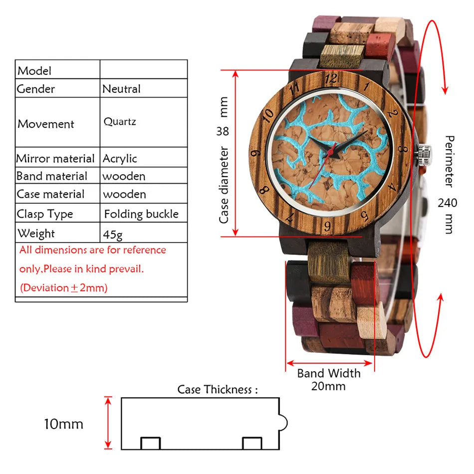 Blue Lava Dial Women's Wooden Bracelet Watch with Mixed Color Band - Fashion Quartz Wristwatch