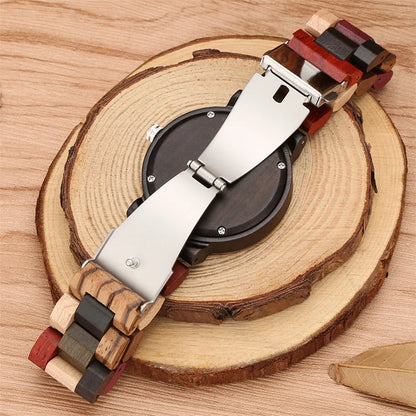 Blue Lava Dial Women's Wooden Bracelet Watch with Mixed Color Band - Fashion Quartz Wristwatch