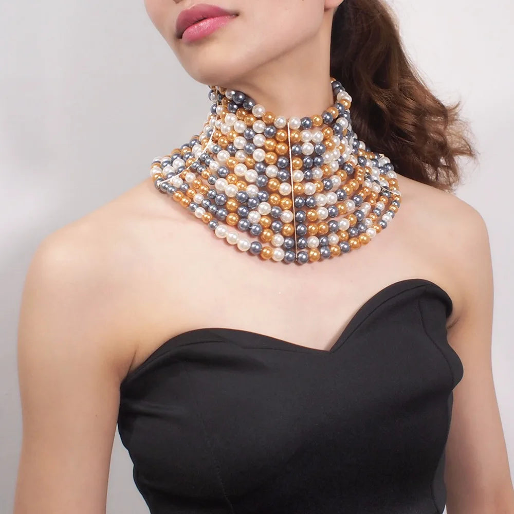 Imitation Pearl Statement Collar Beads Choker Necklace Jewelry