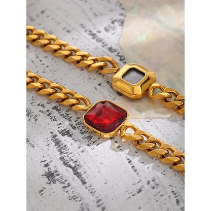 18 K Gold Plated Stainless Steel Red Cubic Zirconia Chain Bangle Bracelet