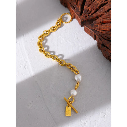 18 K Gold Plated Stainless Steel Waterproof Natural Pearl Charm Jewelry Bracelet