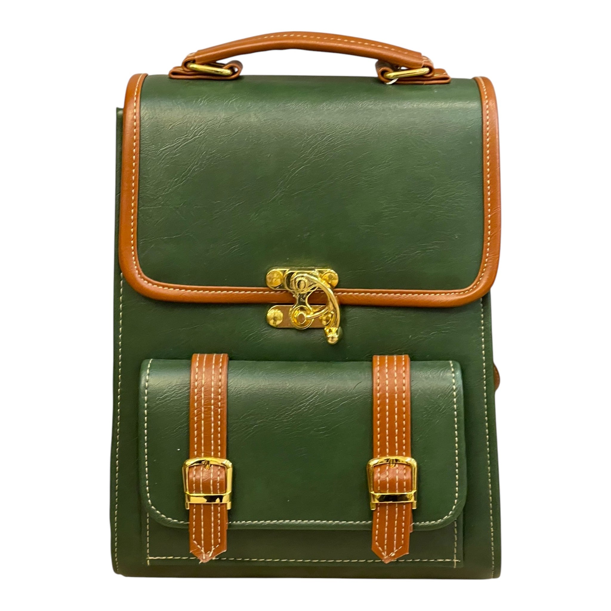 Handmade French Vegan Leather Backpack – Forest Green & Caramel Brown with Gold Hardware (27×21×13 cm)