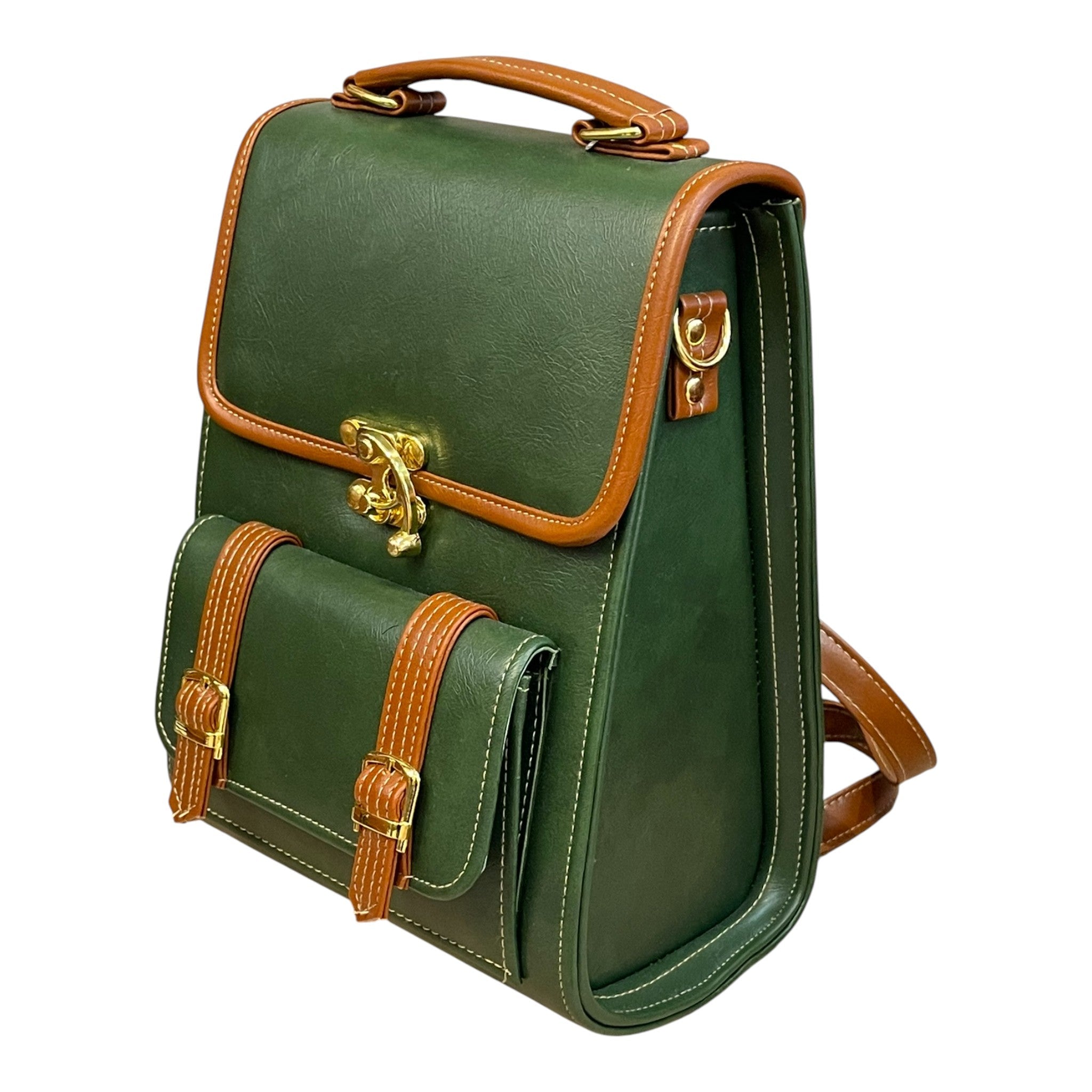 Handmade French Vegan Leather Backpack – Forest Green & Caramel Brown with Gold Hardware (27×21×13 cm)