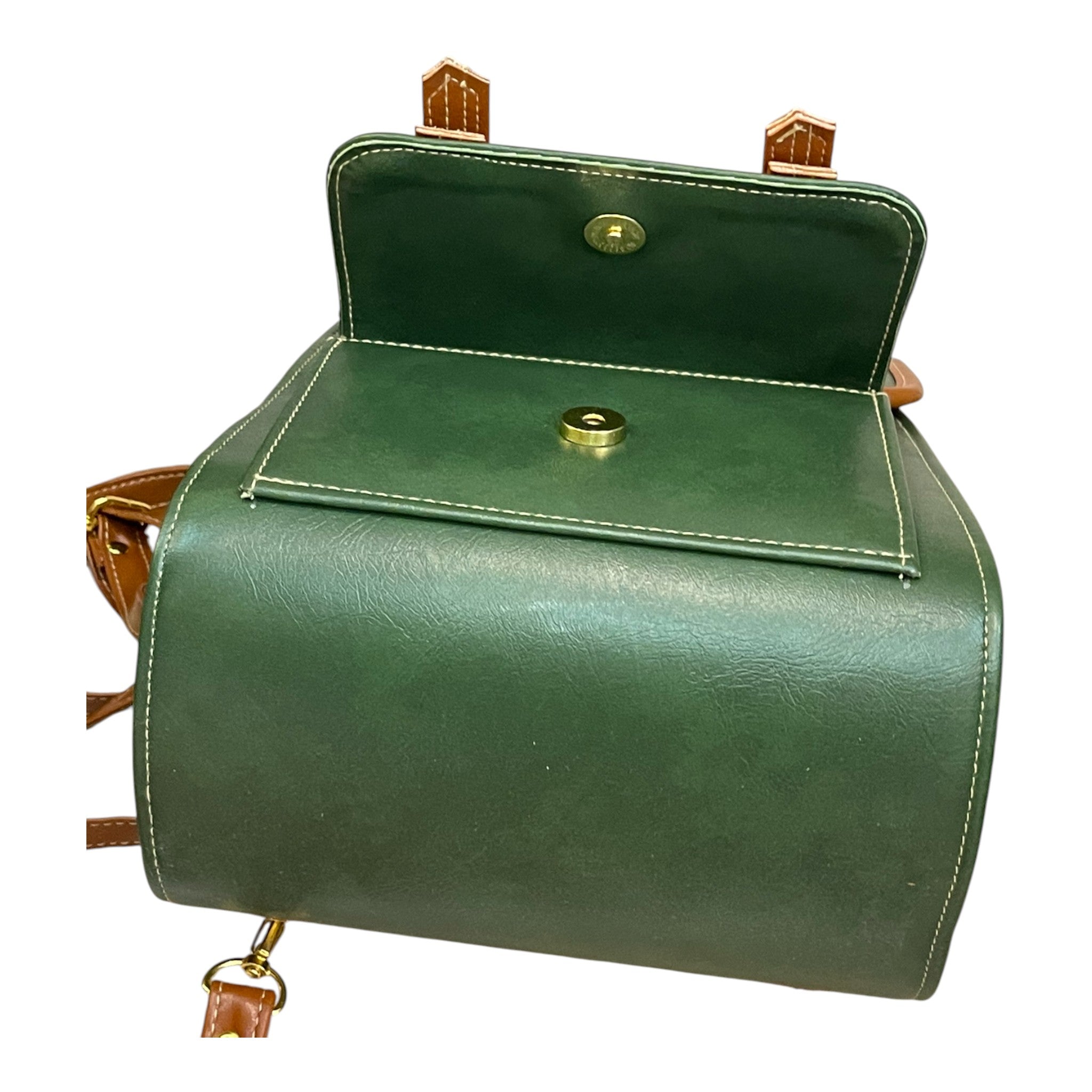 Handmade French Vegan Leather Backpack – Forest Green & Caramel Brown with Gold Hardware (27×21×13 cm)