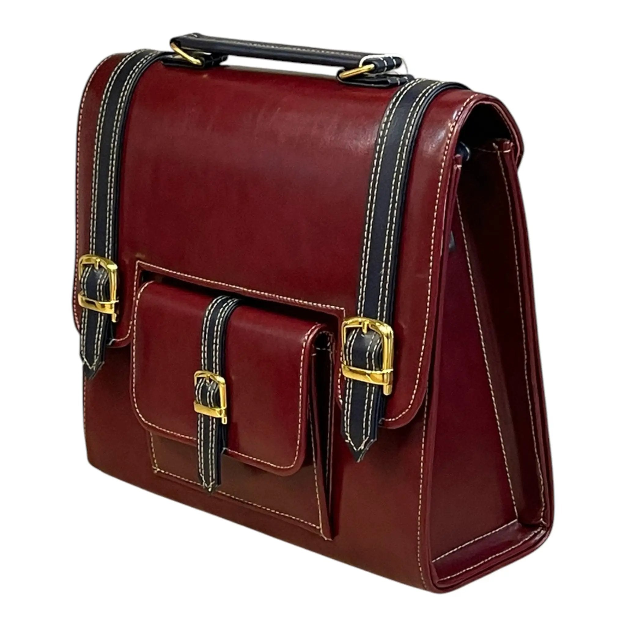 Vegan Leather Satchel – Handmade Burgundy Structured Bag with Gold Buckle by navichi