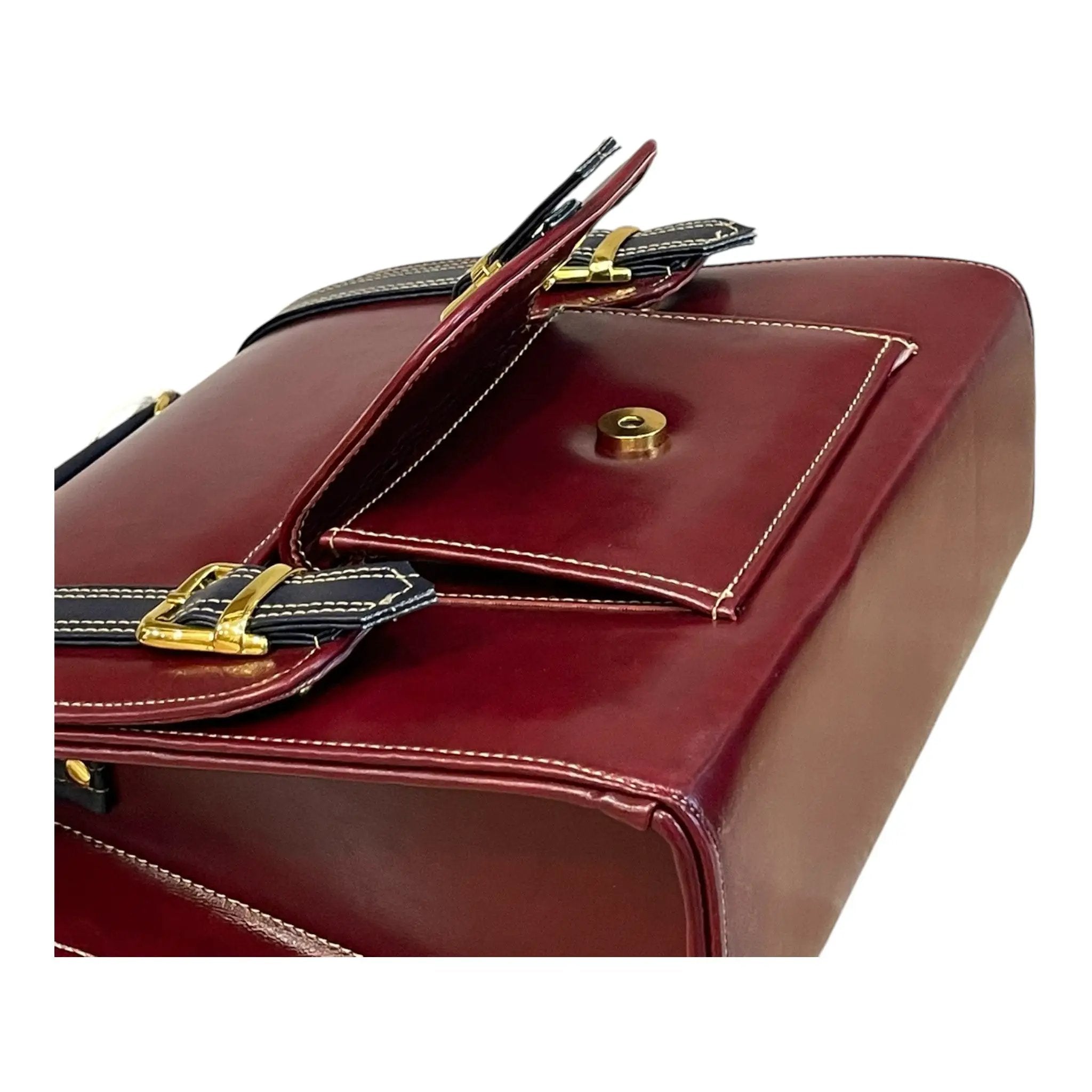 Vegan Leather Satchel – Handmade Burgundy Structured Bag with Gold Buckle by navichi
