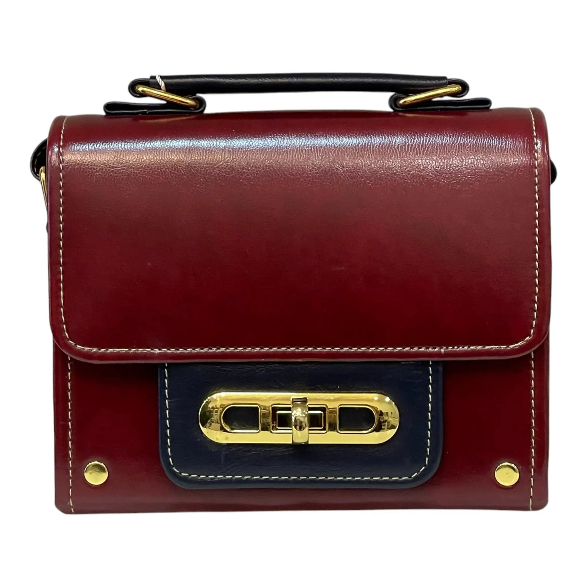 Vegan Leather Crossbody Bag – Handmade Burgundy Small Structured Purse with Gold Hardware by navichi