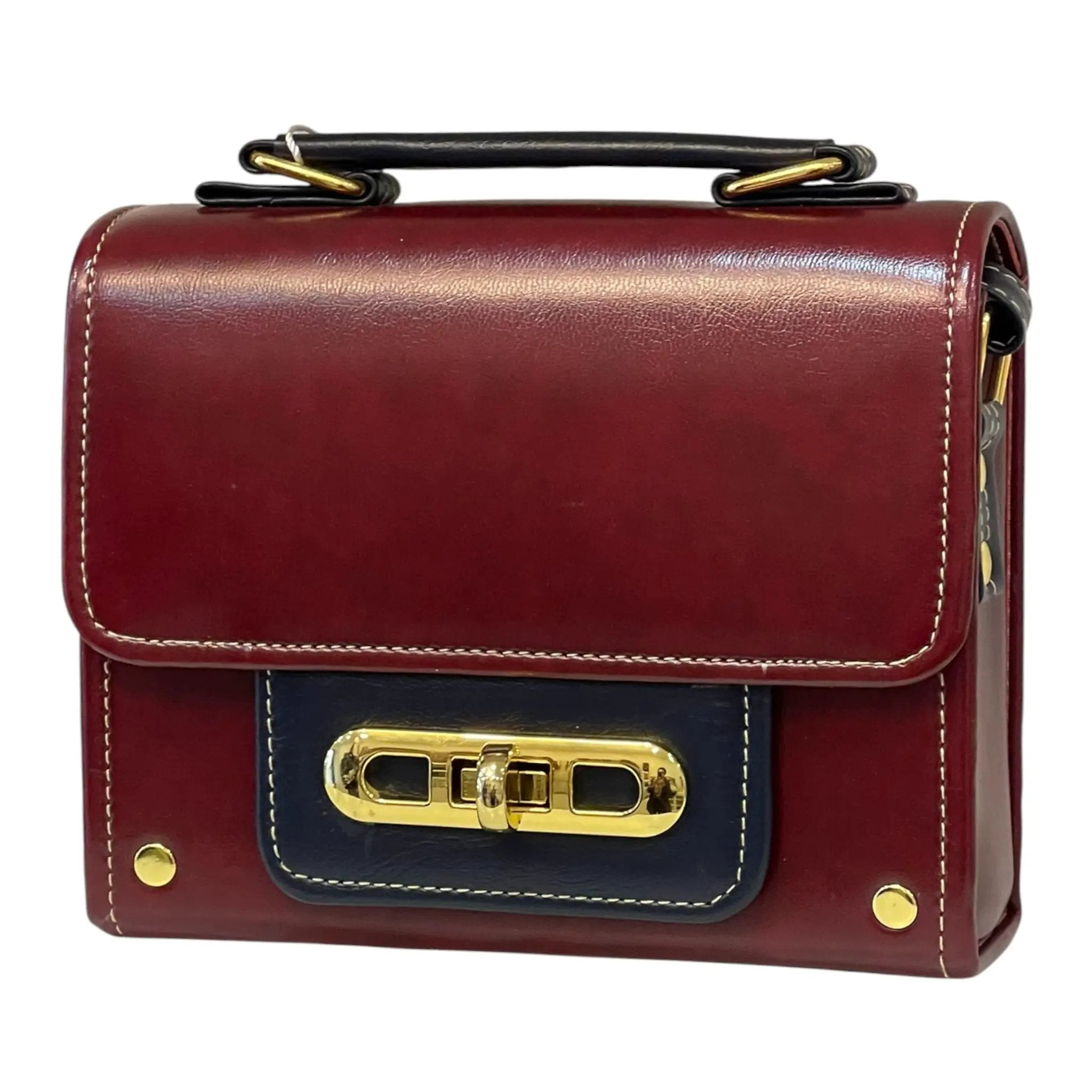 Vegan Leather Crossbody Bag – Handmade Burgundy Small Structured Purse with Gold Hardware by navichi