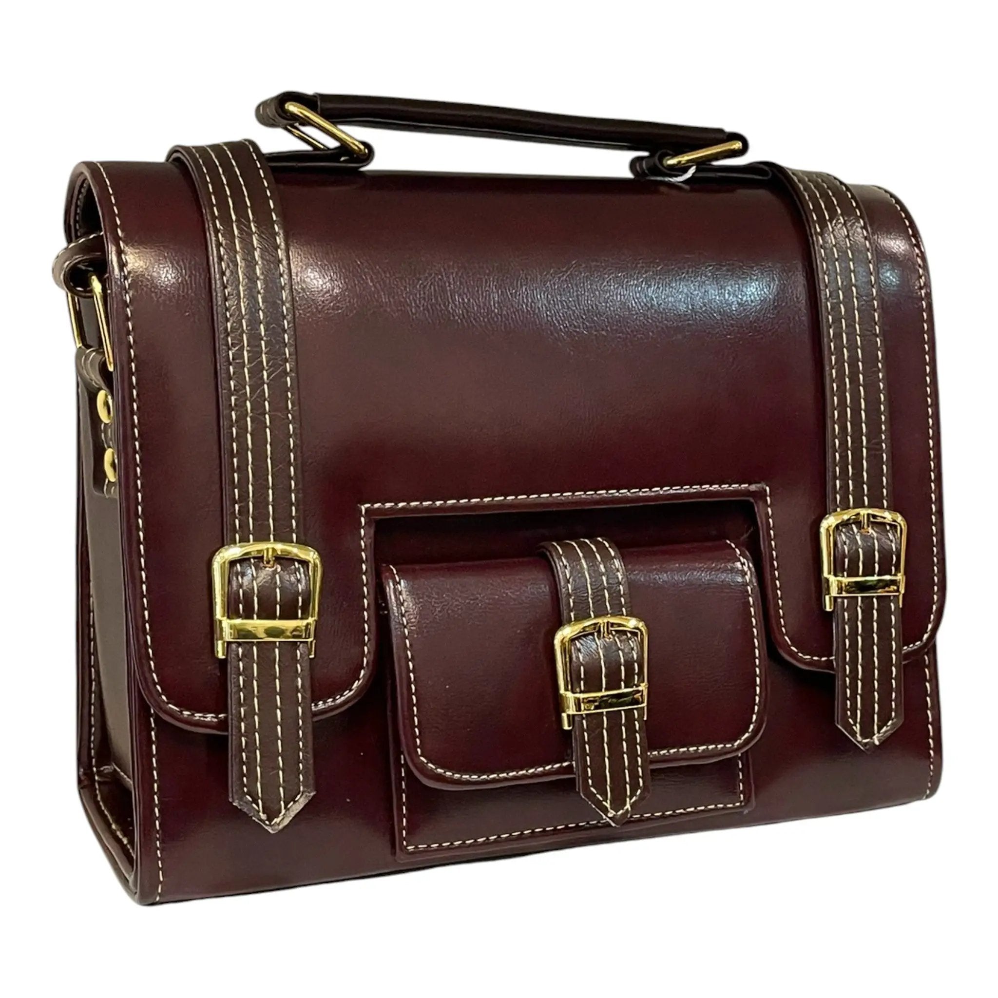 Vegan Leather Satchel – Handmade Brown Satchel Bag with Gold Hardware Purse by navichi