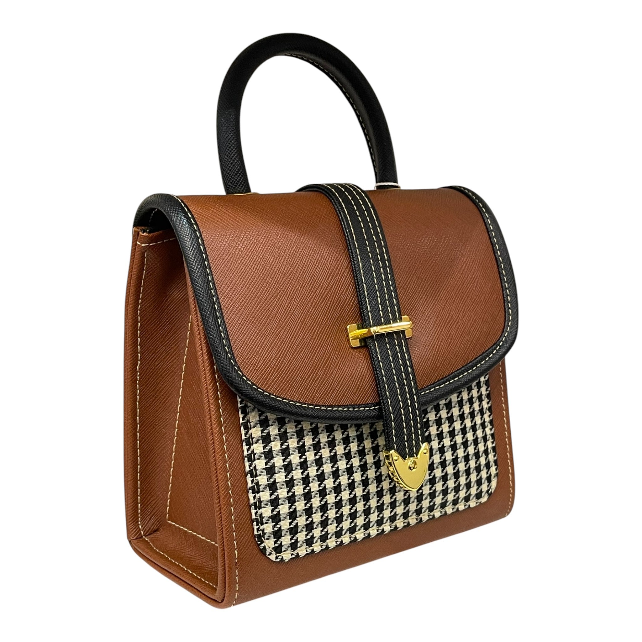 Handmade French Style Vegan Leather Handbag – Brown & Cream Top Handle Crossbody Bag with Gold Clasp (16x16x9 cm)