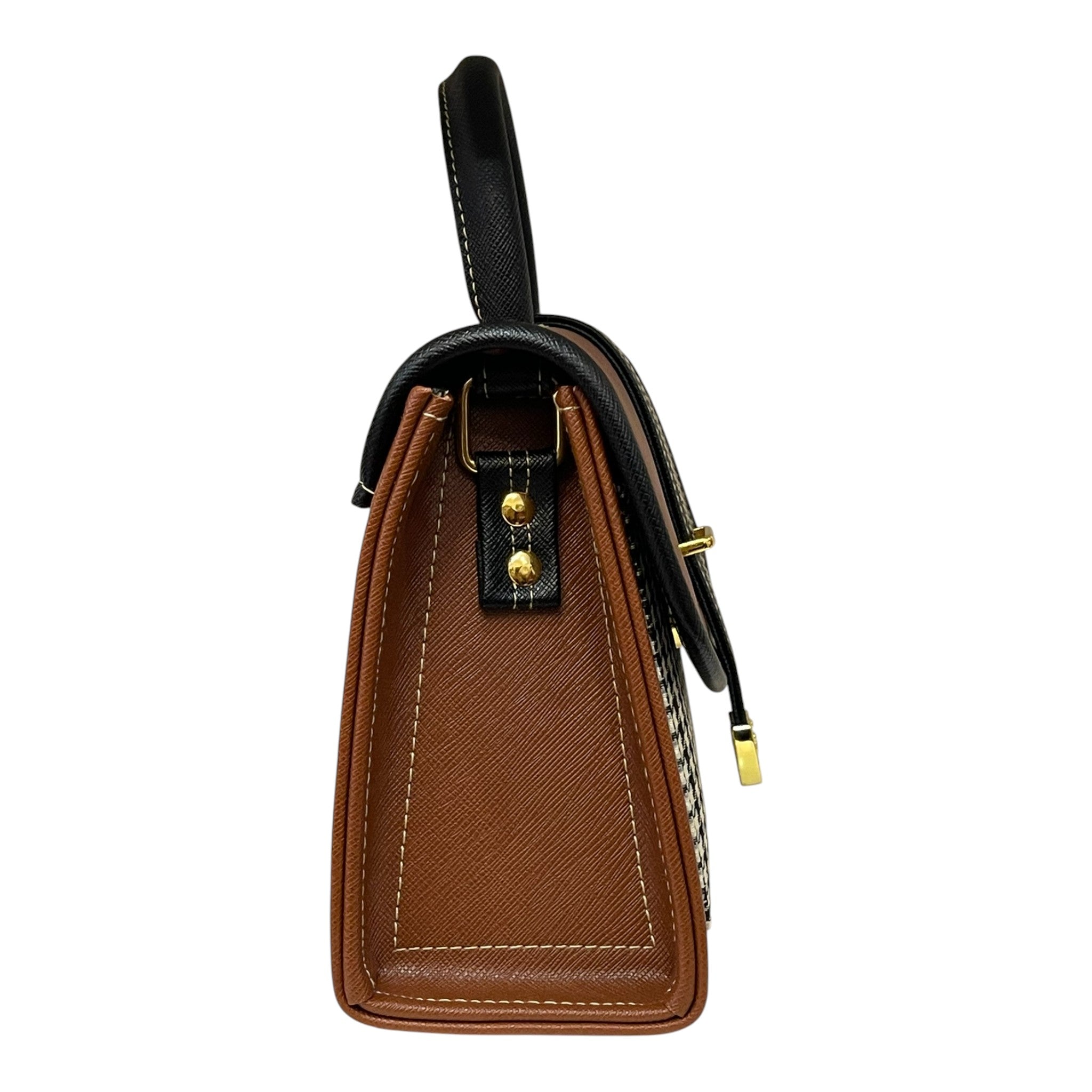 Handmade French Style Vegan Leather Handbag – Brown & Cream Top Handle Crossbody Bag with Gold Clasp (16x16x9 cm)