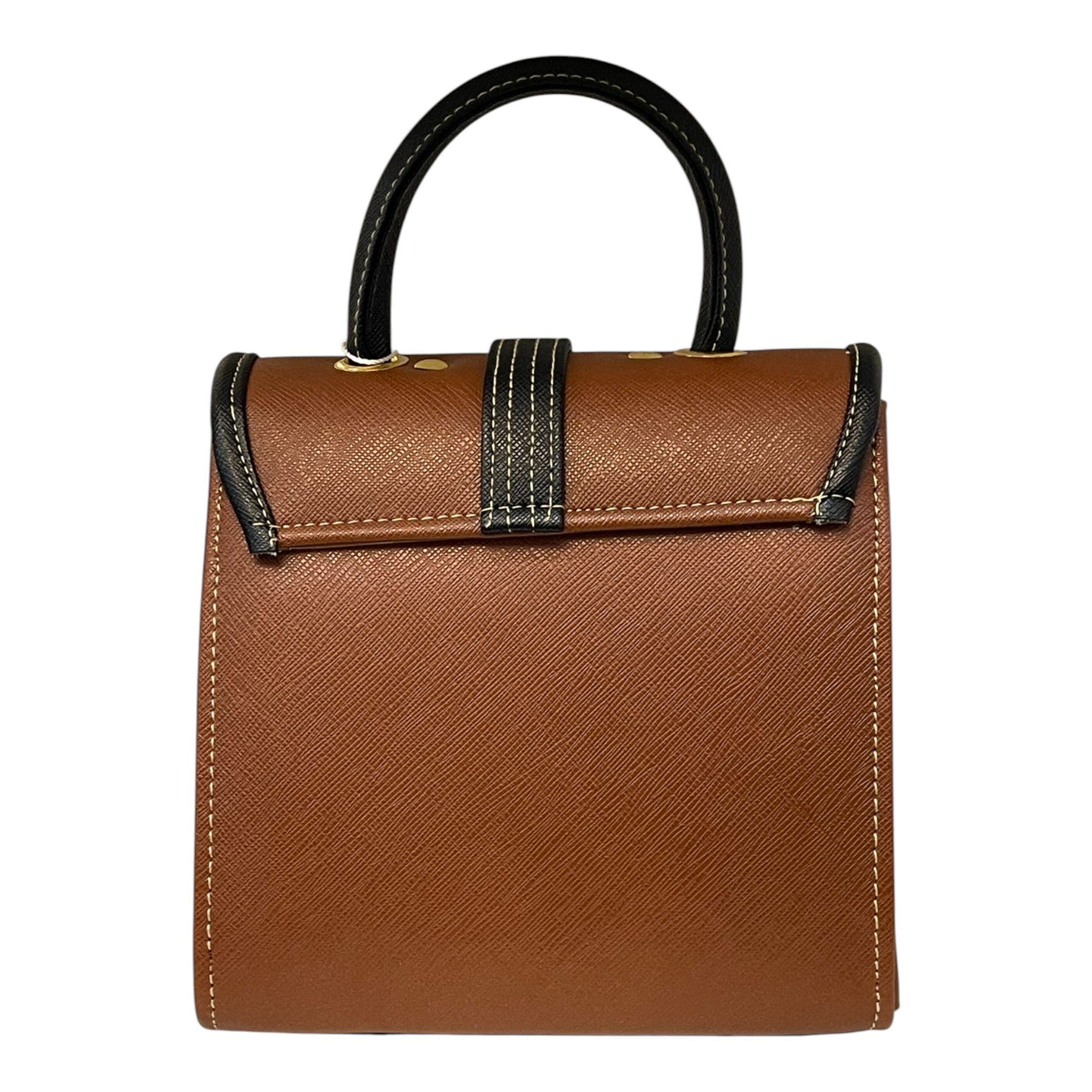 Handmade French Style Vegan Leather Handbag – Brown & Cream Top Handle Crossbody Bag with Gold Clasp (16x16x9 cm)