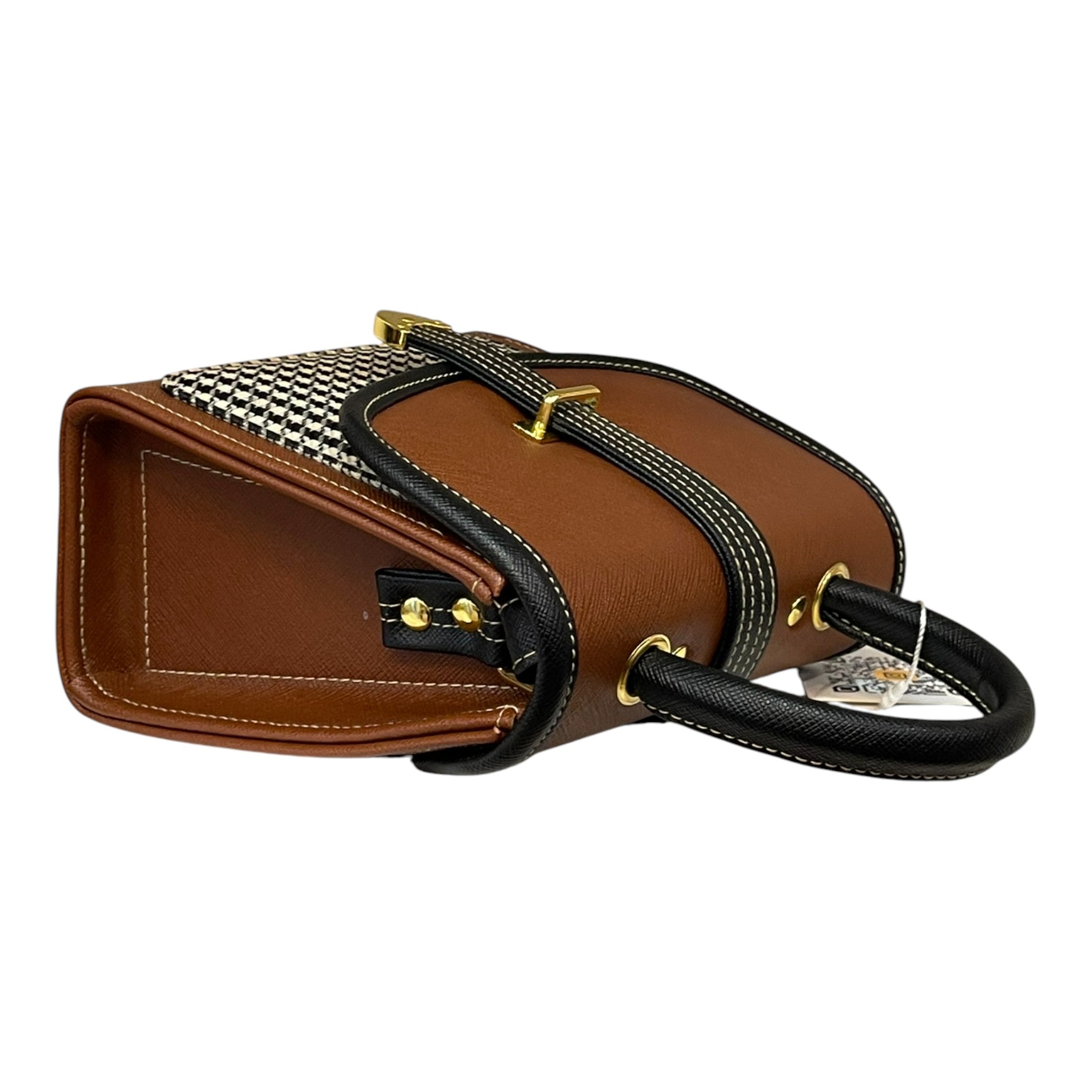 Handmade French Style Vegan Leather Handbag – Brown & Cream Top Handle Crossbody Bag with Gold Clasp (16x16x9 cm)