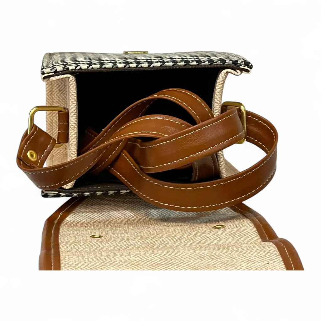 Handmade French Vegan Leather Handbag – Houndstooth & Tan Buckle Design (16×13×10 cm) by navichi