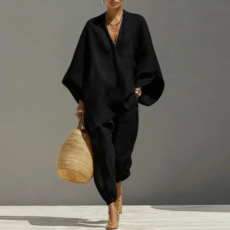 Female Clothing Two Piece Set 2026 Spring V Neck Loose Top Pullover & Long Pants Outfits Woman Batwing Sleeve Vintage Suit Mujer by Adornity