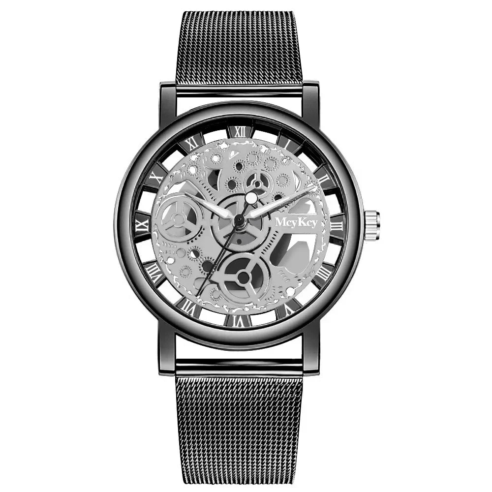 Women Skeleton Watch – Faux Mechanical Quartz Timepiece With Metal Mesh Band by Adornity