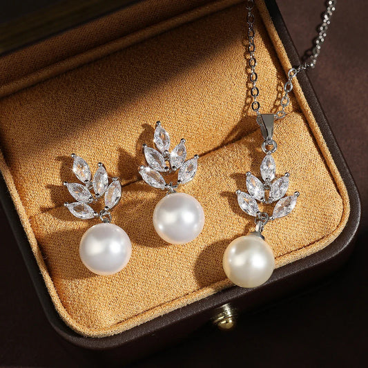 Zirconia Simulated Pearl Earrings Pendant Necklace Set Wedding Jewelry