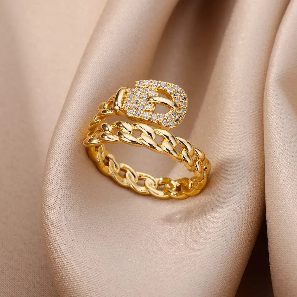 Gold Stainless Steel Hollow Out Ring with Crystal Zircon