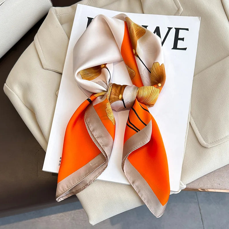 Women's Silk Scarf - 70x70cm Square Printed Pashmina Shawl With Plaid Pattern