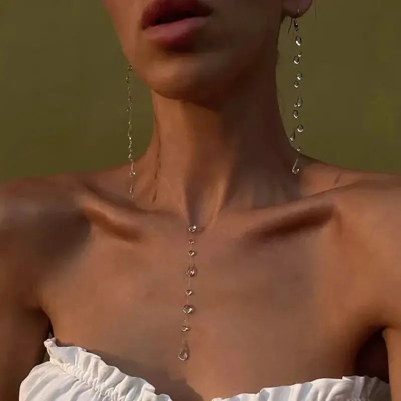 Simple Transparent Water Drop Clavicle Chain Thin Rope Beaded Tassel Earrings Necklace Bracelet Women Niche Personalized Jewelry by Adornity