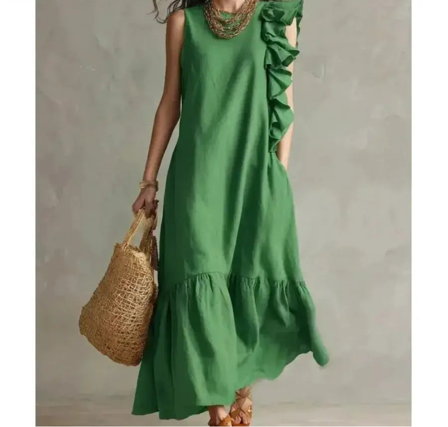 Women's Summer Irregular Ruffled Sleeveless Dress Casual Round Neck Solid Color Loose Long Dress Vestidos De Fiesta Elegantes by Adornity