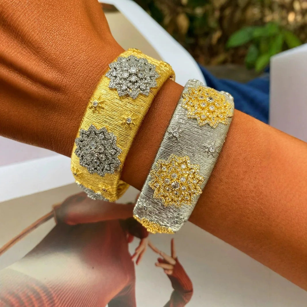 Gold Plated Bracelet – Cubic Zirconia Ring & Flower Pattern Vintage Copper Bangles Set