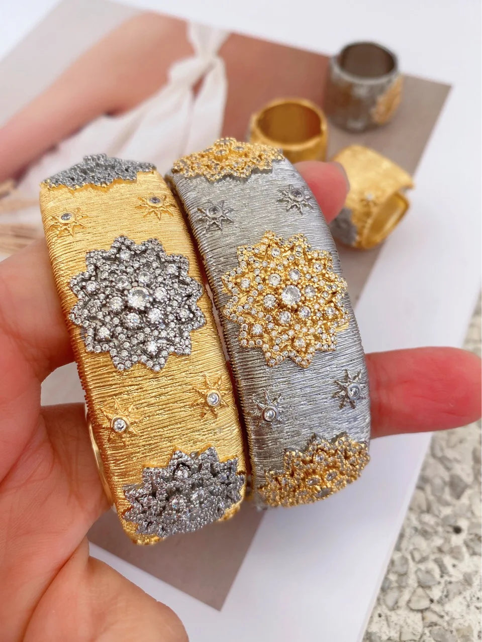 Gold Plated Bracelet – Cubic Zirconia Ring & Flower Pattern Vintage Copper Bangles Set