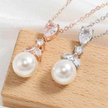 Minimalist Bridal Elegant Zircon Pearl Earring and Necklace Jewelry Set