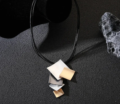 Long Leather Chain Trending Geometric Square Pendant Necklace