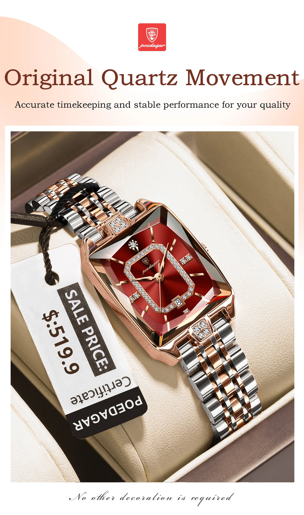 Luxury Women's Watch - Waterproof Stainless Steel Rectangle Calendar Quartz Timepiece