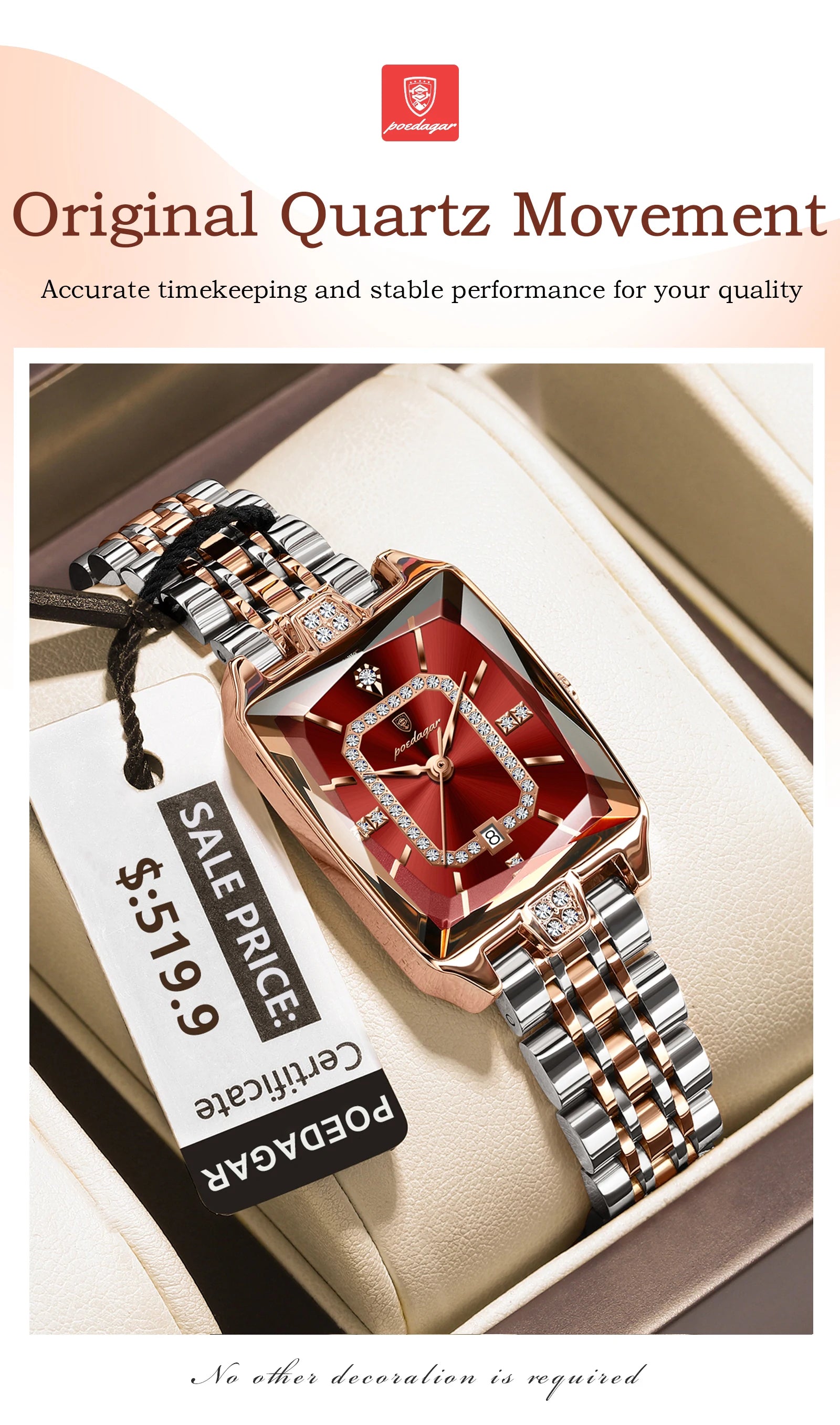 Luxury Women's Watch - Waterproof Stainless Steel Rectangle Calendar Quartz Timepiece