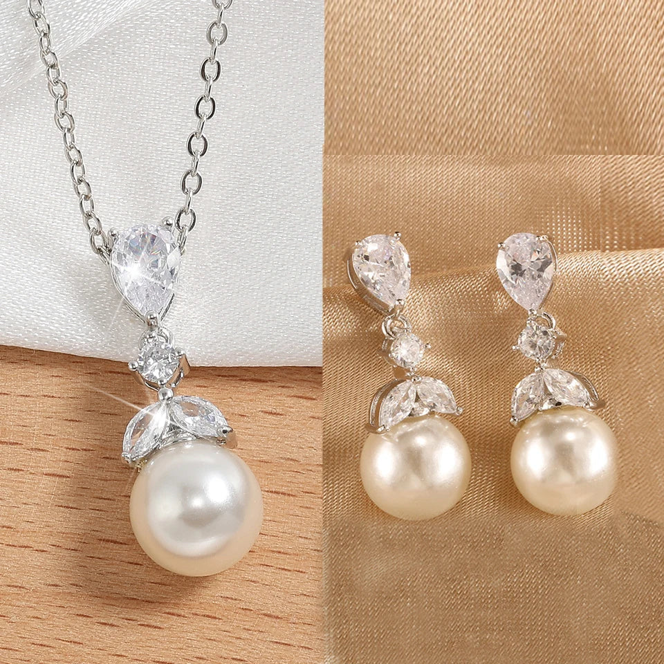 Minimalist Bridal Elegant Zircon Pearl Earring and Necklace Jewelry Set