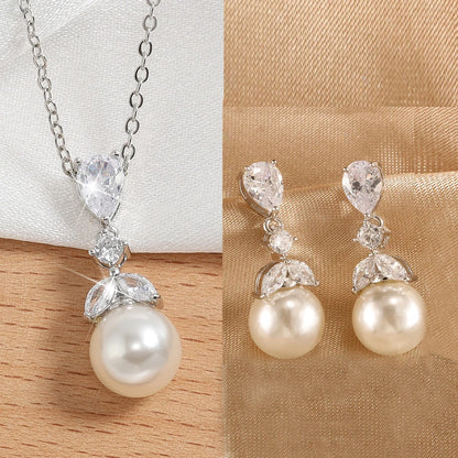 Minimalist Bridal Elegant Zircon Pearl Earring and Necklace Jewelry Set