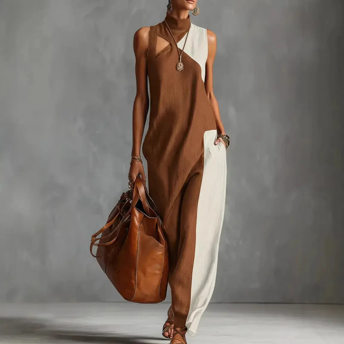 Bohemian Women's Maxi Dress Vest Type Color Block Summer Beach Dress Loose Casual High Neck Cutout Long Dresses for Daily Wear by Adornity