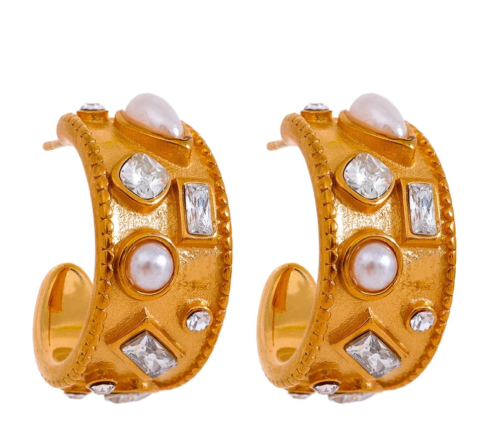 Stainless Steel Zircon Pearl C Shape Earrings