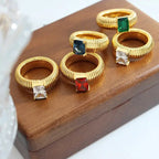 18K Gold Plated Waterproof Multi-color Crystal Chunky Striped Texture Rings Delicate Shiny Square Zircon Wed Ring Punk Jewelry by Adornity