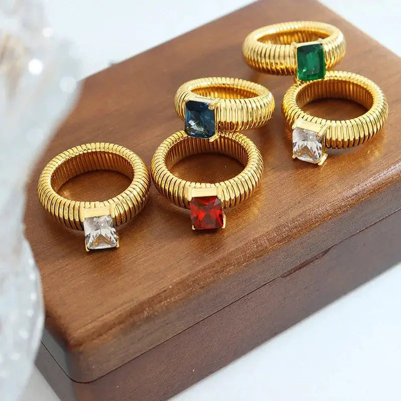 18K Gold Plated Waterproof Multi-color Crystal Chunky Striped Texture Rings Delicate Shiny Square Zircon Wed Ring Punk Jewelry by Adornity