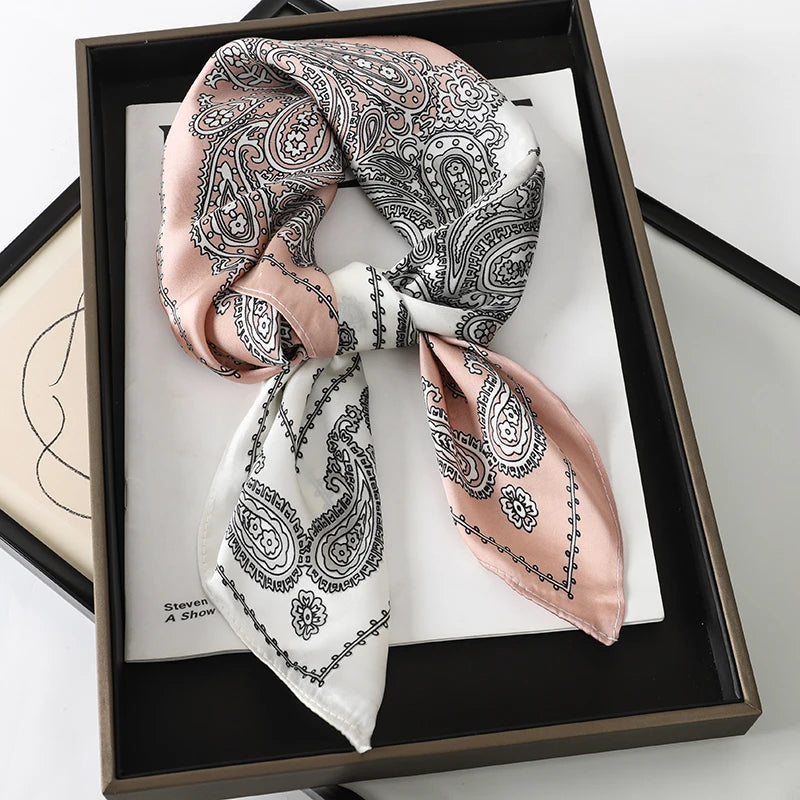 Women's Silk Scarf - 70x70cm Square Printed Pashmina Shawl With Plaid Pattern