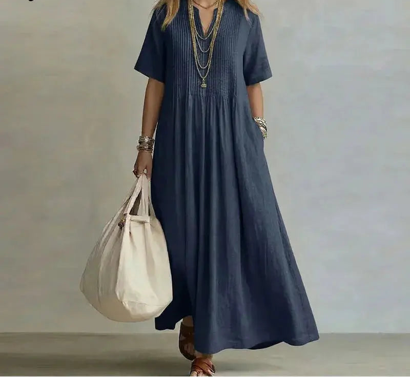 Retro Solid Cotton Linen Maxi Dress Woman Spring Sexy V Neck Draped Pocket Long Dress Summer Short Sleeve High Waist Party Dress by Adornity
