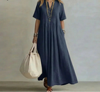 Retro Solid Cotton Linen Maxi Dress Woman Spring Sexy V Neck Draped Pocket Long Dress Summer Short Sleeve High Waist Party Dress by Adornity