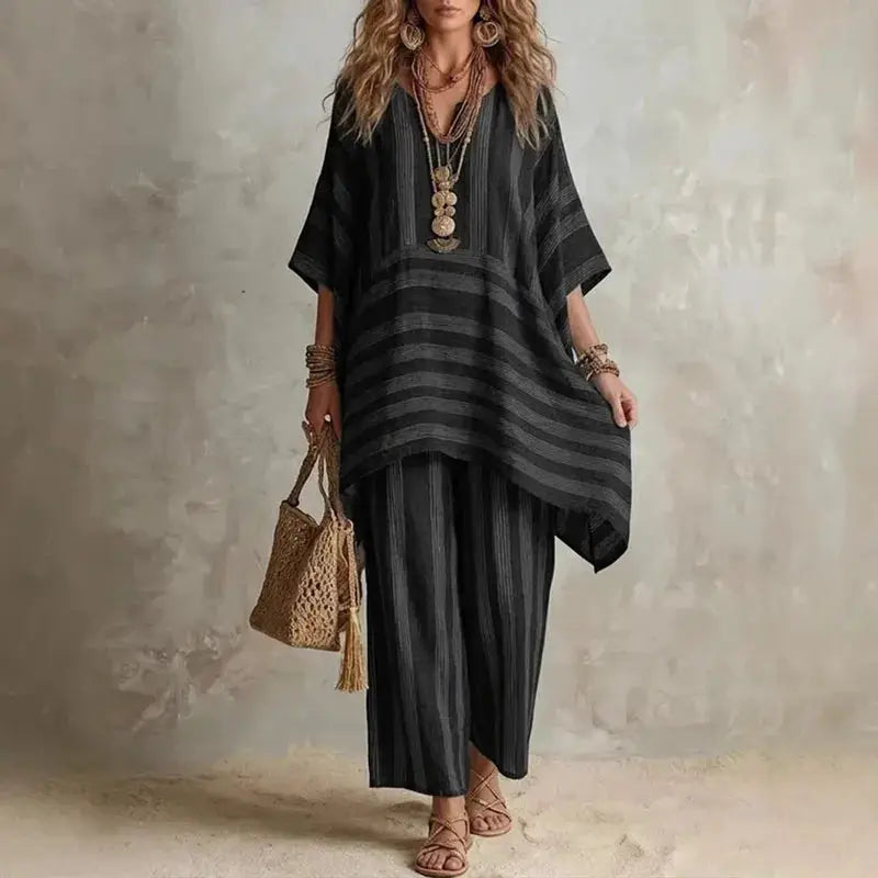 Boho Vintage Striped Print 2 Piece Sets Woman Spring V Neck Half Sleeve Top Wide Leg Pants Outfit New Summer Beach Vacation Suit by Adornity