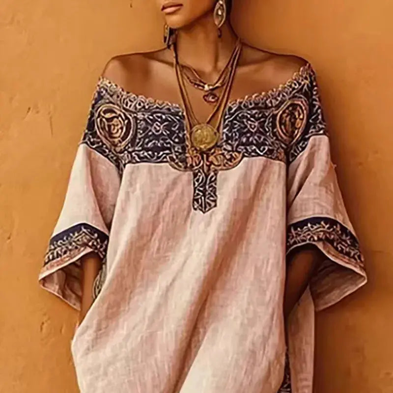 Ethnic Sexy Off Shoulder Hollow Out Long Dress Woman Spring Geometric Print Pocket Loose Maxi Dress Summer Casual Vacation Dress by Adornity